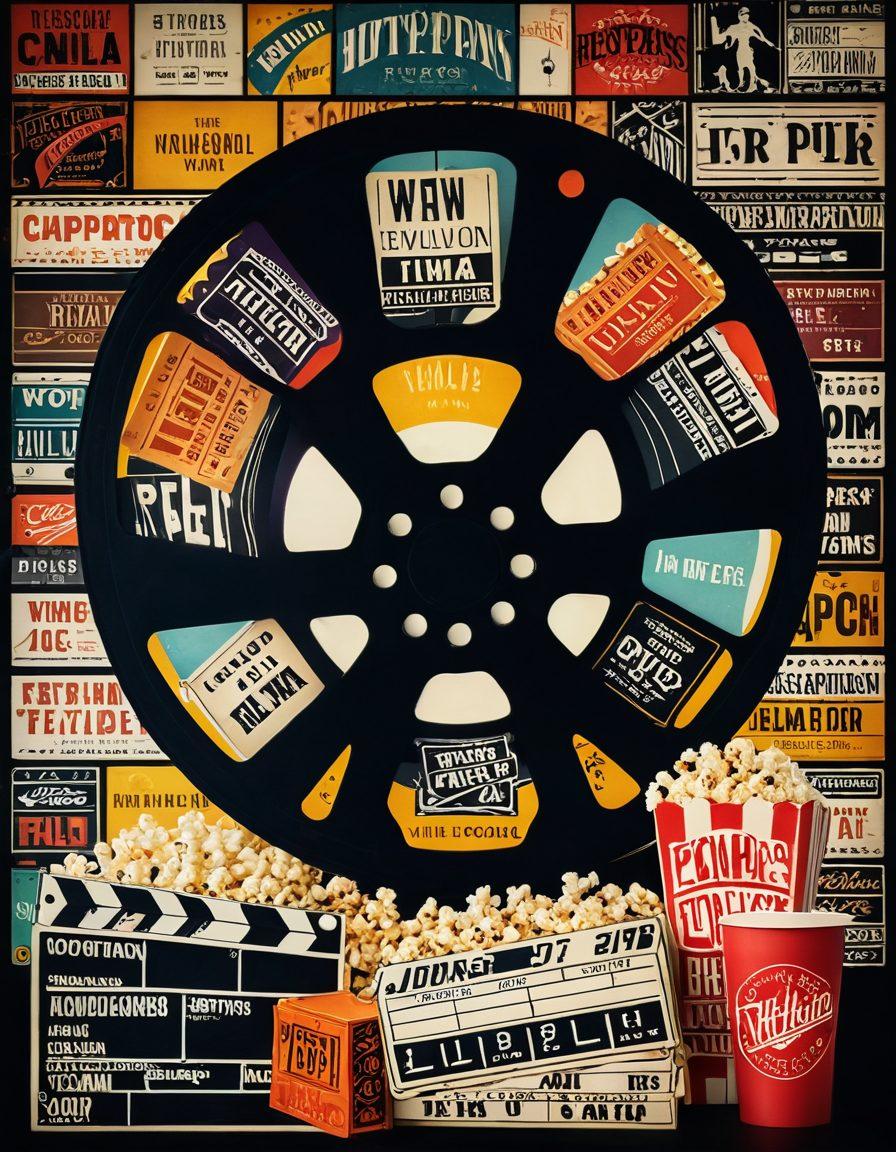 A collage showcasing a vintage film reel intertwined with modern film posters, surrounded by film clapperboards and popcorn, symbolizing the journey from classic to contemporary cinema. The background features soft-focus theater lights, creating a warm atmosphere. This art captures the essence of film appreciation and collection evolution. vibrant colors. super-realistic.
