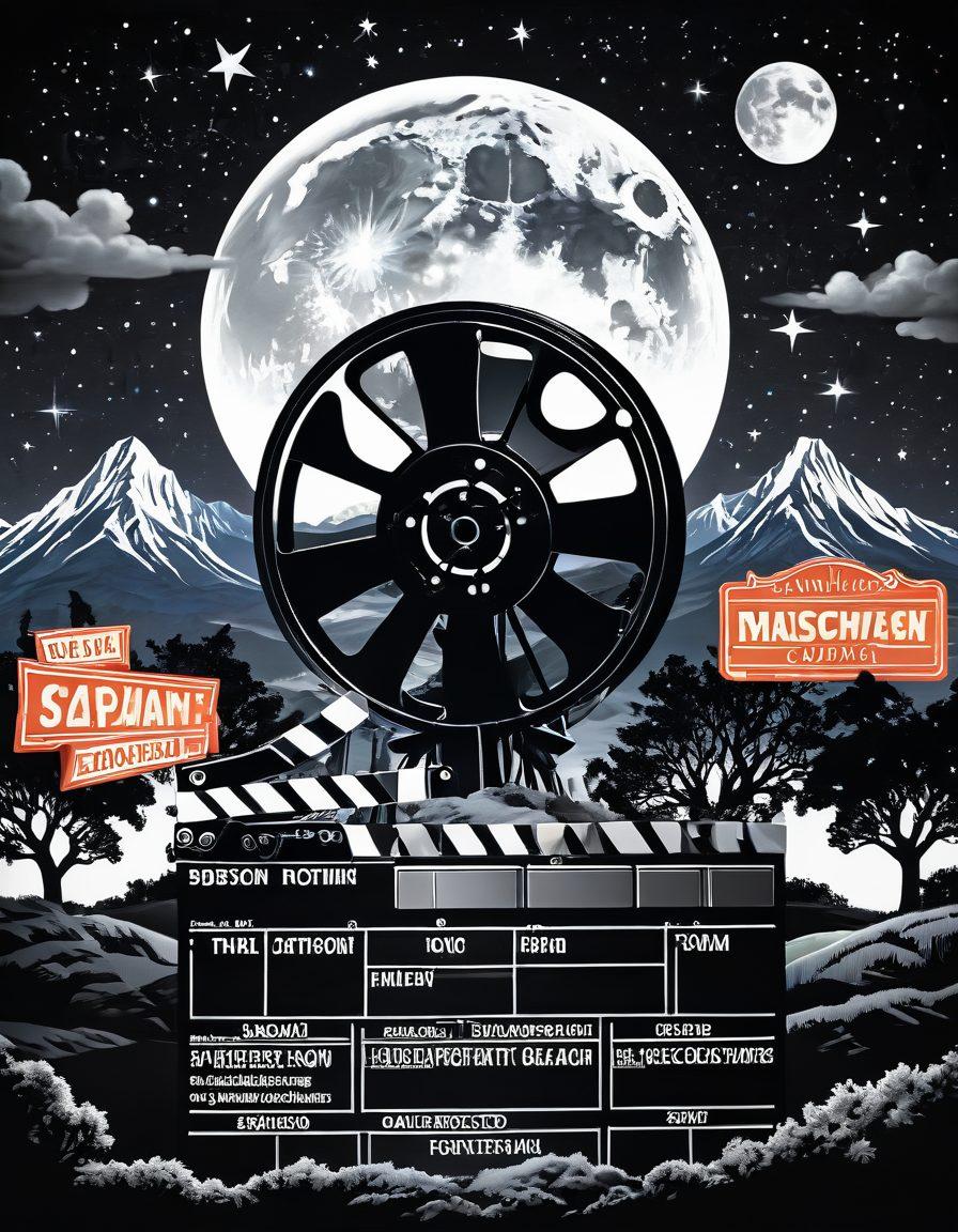 A vibrant and colorful film reel that weaves through a diverse landscape of iconic movie scenes, from classic black and white films to modern blockbusters, with famous landmarks and characters strategically placed. The background features a starry night sky filled with cinematic elements like clapperboards and film strips, creating a sense of adventure and exploration. The overall aesthetic should feel dynamic and inviting, capturing the essence of movie magic and discovery. super-realistic. vibrant colors. white background.