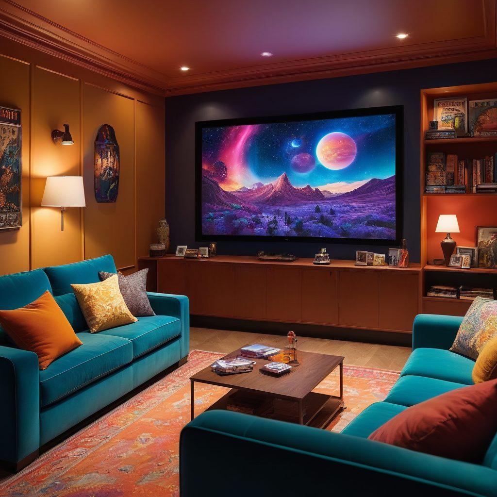 A visually stunning scene of a cozy home cinema with a large screen showcasing a vibrant film poster. Include plush seating, subtle ambient lighting, and scattered movie snacks to evoke a sense of comfort and excitement. Capture the idea of discovery by adding a bookshelf filled with curated film classics on one side. super-realistic. vibrant colors. warm lighting.